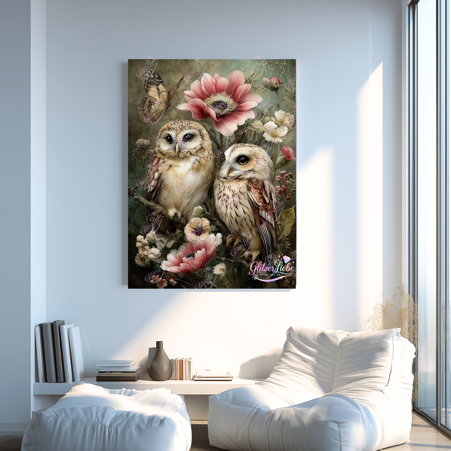 Diamond Painting "Eulenpaar" by CleoDora, 75x100 cm mit 182 Farben, Vorbestellung