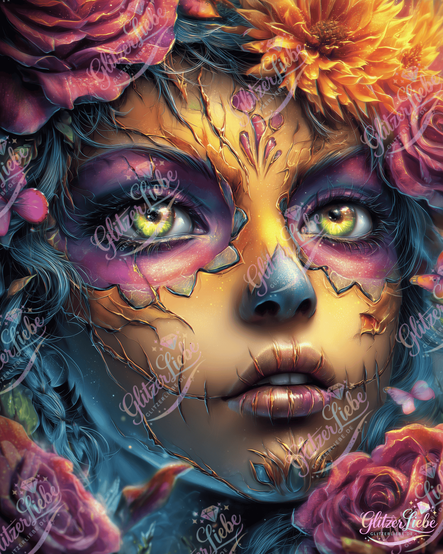 Diamond Painting "Cracked Beauty" by sweet_loco_ai, 55x75 cm mit 229 Farben